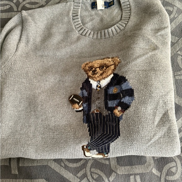 Ralph Lauren Light Gray Crewneck Sweater with Embroidered Polo Bear